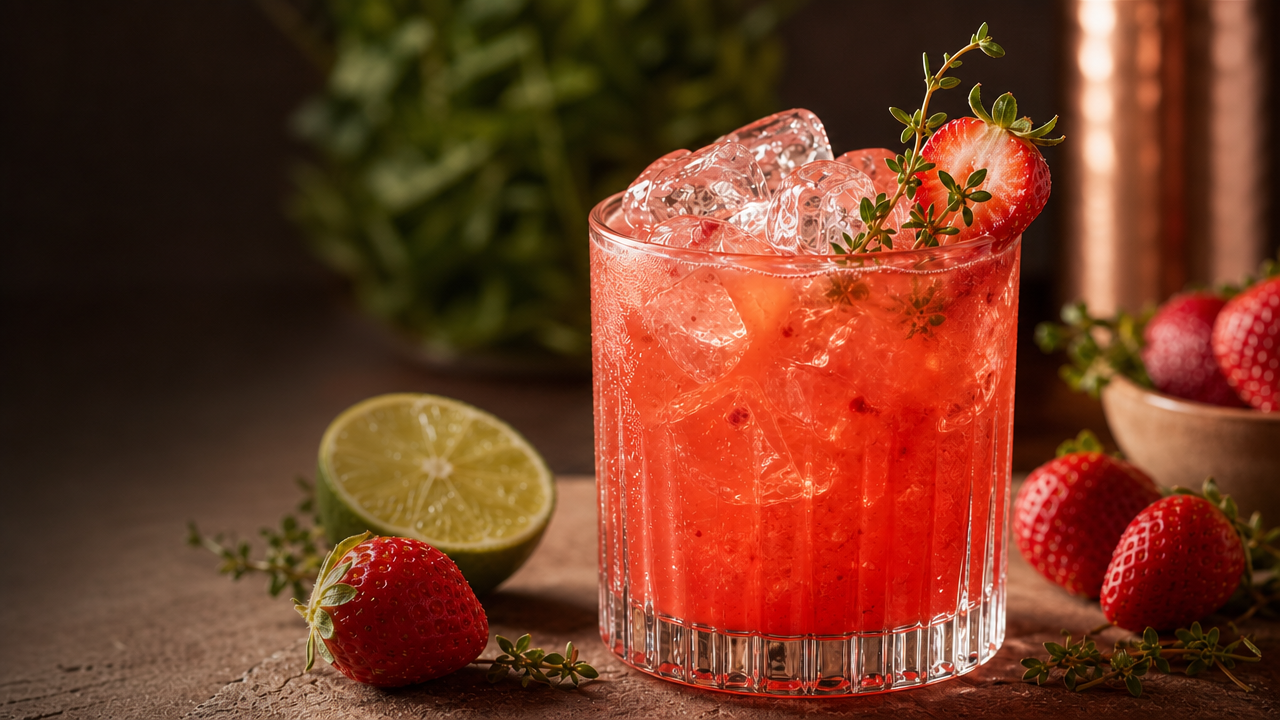A Strawberry Myrtle cocktail in a coupe glass, garnished with pansies and fresh berries
