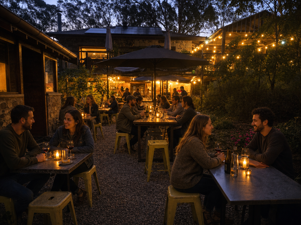 Evening shot of the outdoor tasting room patio with festoon lights and yellow tables
